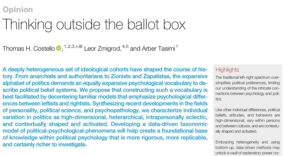 Trends in Cognitive Sciences (@trendscognsci) on Twitter photo Thinking outside the ballot box
‘Opinion’ by Thomas Costello, Leor Zmigrod, & Arber Tasimi <a href="/tomstello_/">Tom Costello</a> <a href="/LeorZmigrod/">Leor Zmigrod</a> <a href="/ArberTasimi/">Arber Tasimi</a>
Free access until June 8: authors.elsevier.com/a/1gxbv4sIRvPM… Thinking outside the ballot box
‘Opinion’ by Thomas Costello, Leor Zmigrod, & Arber Tasimi <a href="/tomstello_/">Tom Costello</a> <a href="/LeorZmigrod/">Leor Zmigrod</a> <a href="/ArberTasimi/">Arber Tasimi</a>
Free access until June 8: authors.elsevier.com/a/1gxbv4sIRvPM…