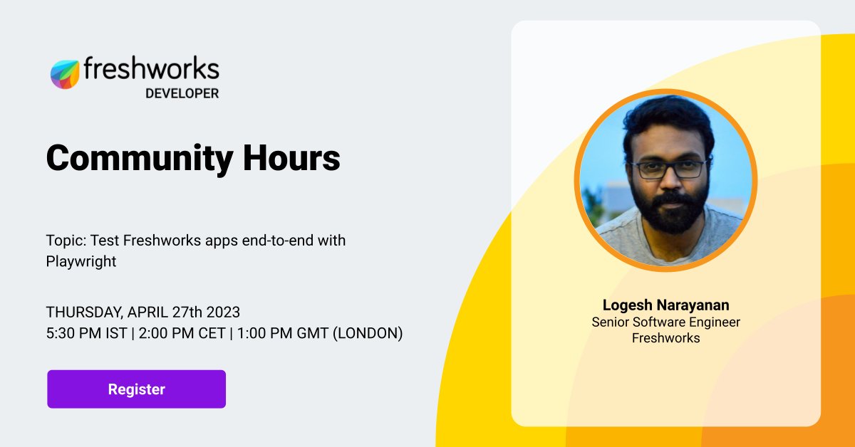 FreshworksInc's tweet photo. 📢Join us LIVE on April 27, 2023 and learn how to build quality apps using the Playwright framework, and watch a demo to create a test suite for executing end-to-end app testing across browsers.

Register now: https://t.co/RhRdkayfdv

#BuildMoreBeMore #BuildWithFreshworks https://t.co/i8scZaaSTF
