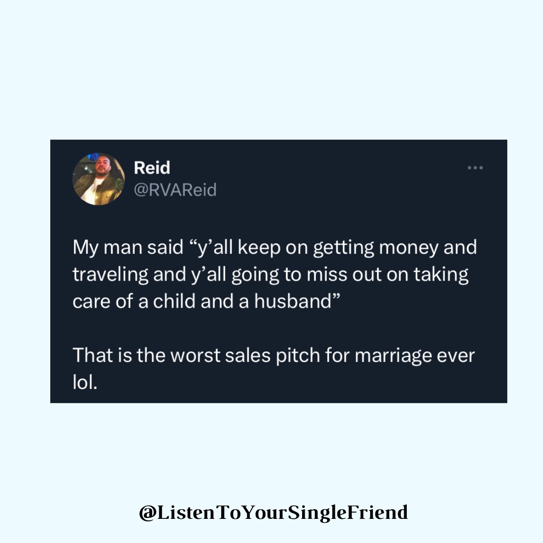 YourSingleFrnd's tweet photo. Happy, Single Women truly bother a certain demographic ππ
What trips yβall got planned for this year? πβοΈ
#datingadvice #datingmemes #datingsucks #singlequotes #datingapps #singleaf #blackpodcasts #tipsforblackwomen #datingtipsforwomen #relationshipstatus https://t.co/ynUSGZU8IJ