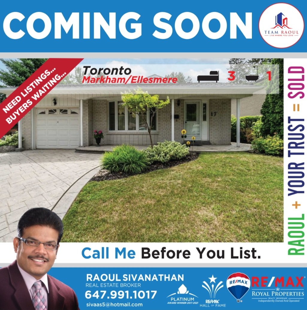 COMING SOON - Scarborough 🏡💥
♦️3BR+2Bath (Markham/Ellesmere) 
You Need More Info?
Pls Contac me @📱647-991-1017
#TopListingAgent #BuyandSellGTA #RealtorRaoul #HappySellers #HappyBuyers #Sold #TeamRaoul #NeedListing #buyerswaiting #PlatinumAwardWinner  #LIVEwhereyouLOVE