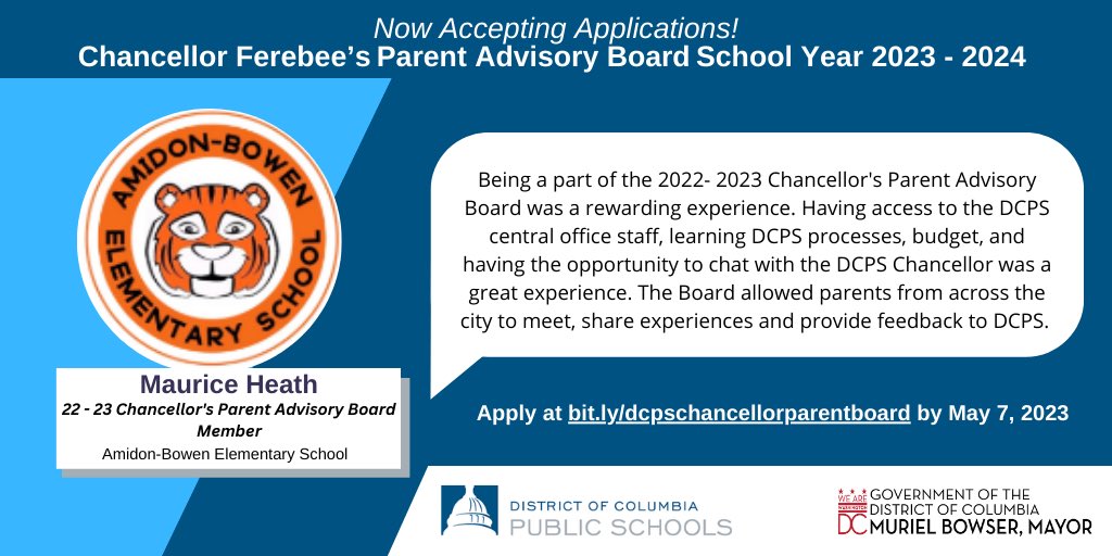 Now Accepting Applications! Apply to Chancellor Ferebee's Parent Advisory Board for School Year 2023 - 2024 ➡️ bit.ly/dcpschancellor… “The Board allowed parents from across the city to meet, share experiences and provide feedback to DCPS.” -Maurice Heath, @AmidonBowen