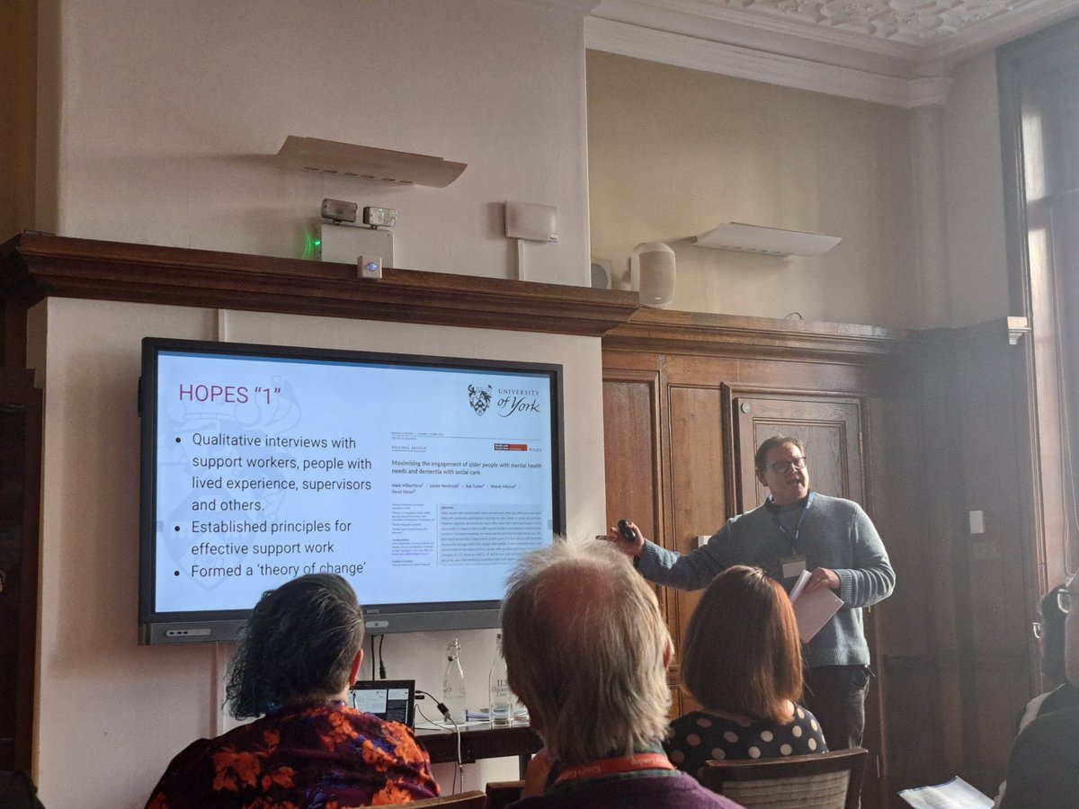 Delighted to be listening to our very own colleague @M_Wilberforce @UoY_SBS presenting on the HOPES studies. Helping older people with mental health needs to engage with social care and translating research into a prototype learning resource, which was coproduced. #SSCR2023