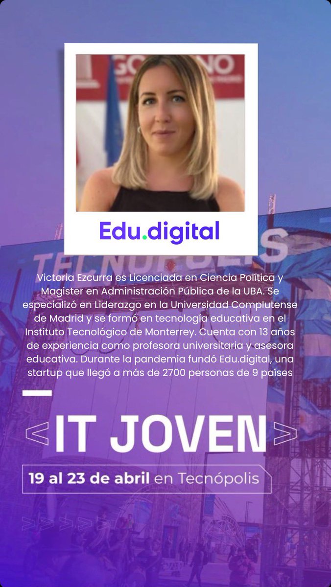 VictoriaEzcurra's tweet photo. Vamos a estar en la Feria IT Joven con @OpenFutureArg en @TecnopolisArg Contándoles a jóvenes de todo el país acerca de los primeros pasos para montar una #startup y los desafíos tecnológicos que se enfrentará la #educación del s. XXI

https://t.co/7hyPI1QocD https://t.co/rUocP0ga0L