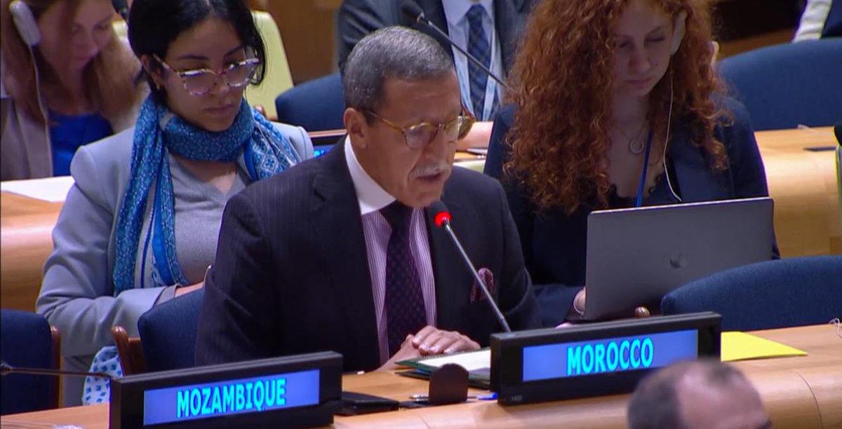 Morocco_UN's tweet photo. Ambassador Hilale in his capacity of Chair of the like-minded group of countries supporters of middle income countries highlighted key priorities of MICs during the 2023 Ecosoc #financing4dev forum. https://t.co/xKlP05N5iQ