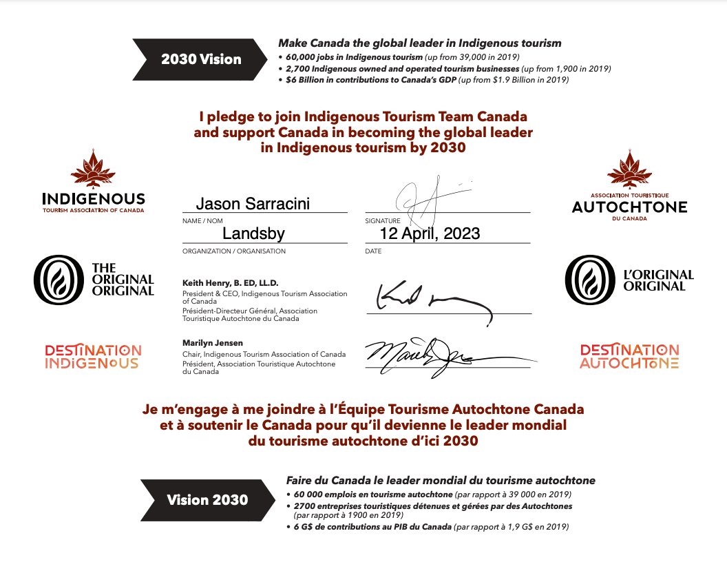 We are proud to join #IndigenousTourismTeamCanada in its quest to make Canada the global leader in Indigenous Tourism by 2030. @LandsbyCanada  signed the pledge and we are ready to do our part to amplify Indigenous-owned and operated tourism businesses. 
#destinationindigenous