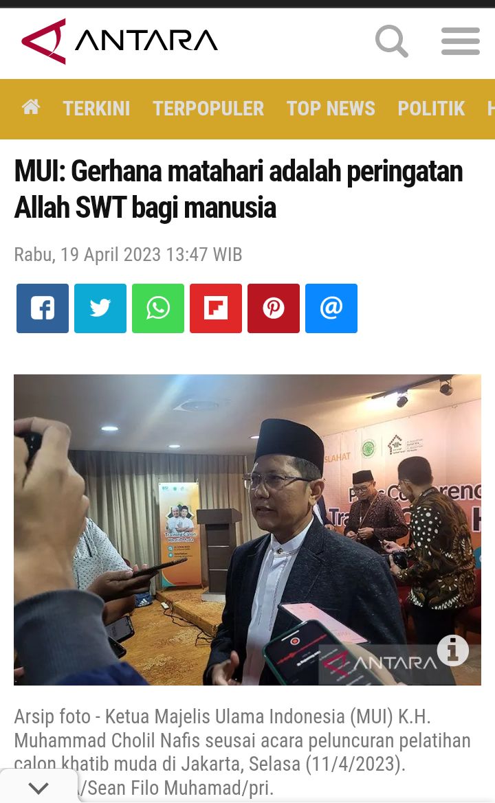 Narasi_winda's tweet photo. G E R H A N A

Jakarta (ANTARA) - Ketua (MUI) K.H. Muhammad Cholil Nafis:

"Fenomena gerhana matahari merupakan kejadian yang Allah SWT ciptakan supaya manusia sadar dan tunduk kepada Allah SWT."
.
.
Gerhana sudah terjadi jauh sebelum manusia ada....

https://t.co/qV3AbVUOOa https://t.co/vR1BYTIBzn