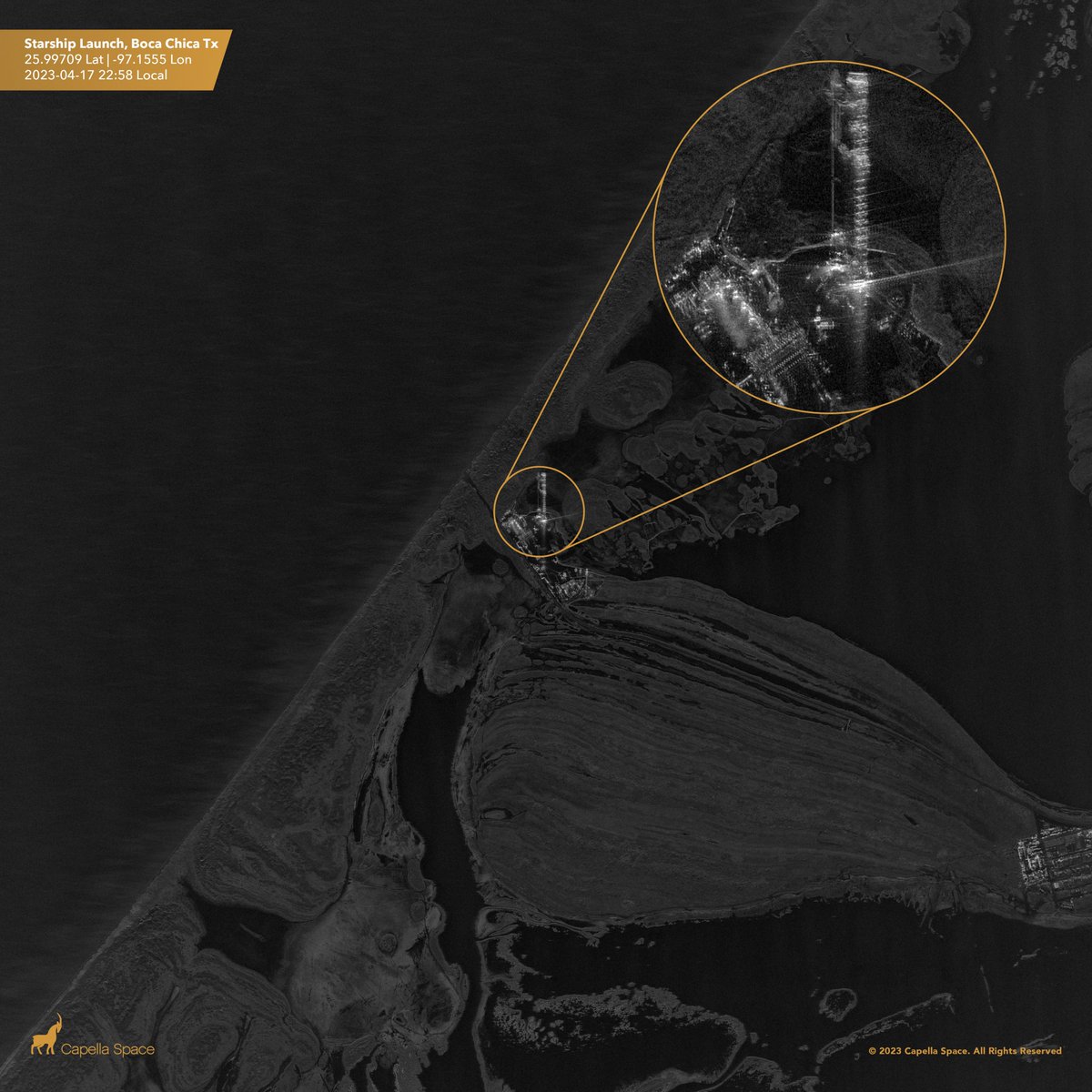 Capella Space nighttime SAR satellite image of @SpaceX Starship taking a rest after the wet dress-rehearsal Monday.