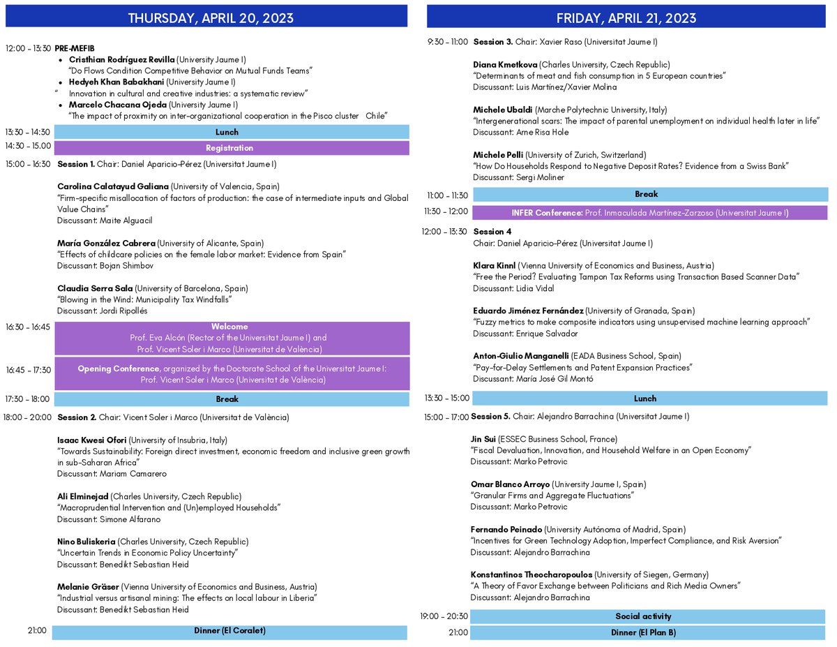 MEFIB 2023 (MEETING ON ECONOMICS, FINANCE, AND BUSINESS 💼👨‍💼) amb la col·laboració 🤝 de la UJI, l'iidl, l'Institut d'Economia Internacional i amb l'INFER. ✨🔝
🔜 La Conferència es celebrarà 🧐 els dies 20 i 21 d'abril en el Saló d'Actes de la FCJE de la UJI. 😎💯

Us esperem ‼️