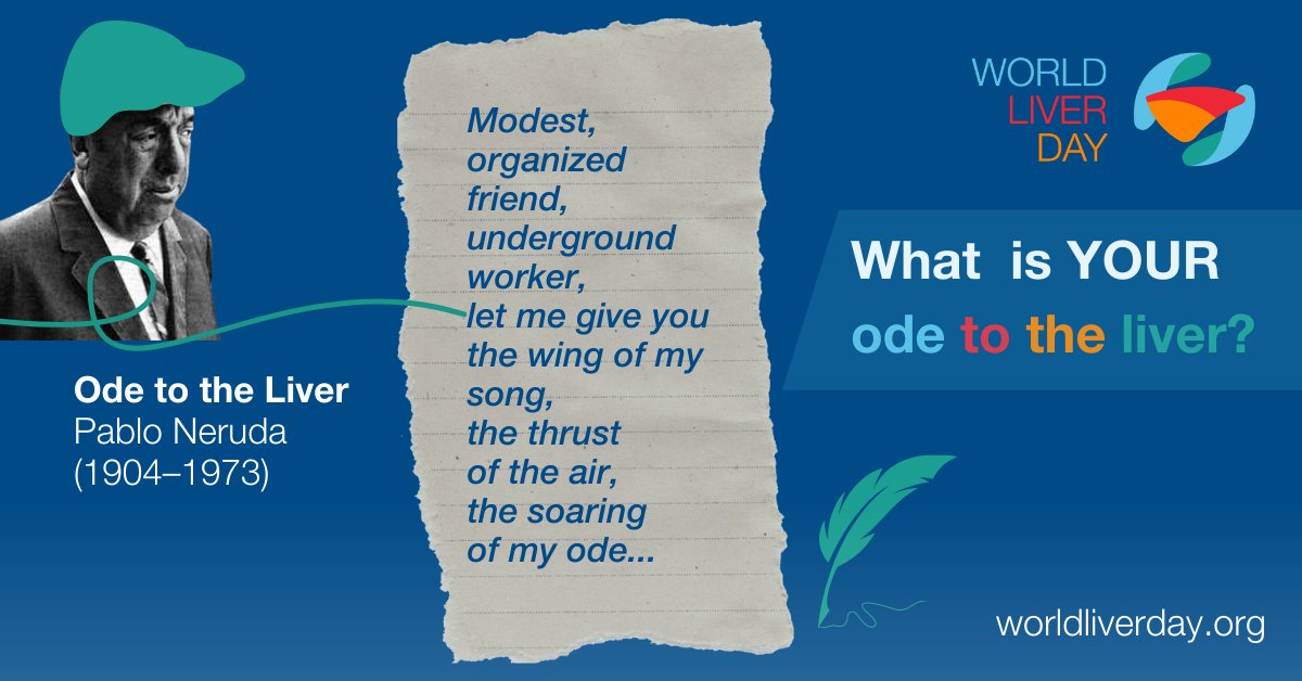 WorldLiverDay's tweet photo. ✒️ On #WorldLiverDay we want to celebrate this important organ in a creative way.

🧡 Inspired by the famous poet Pablo Neruda, who dedicated a whole ode to the liver, we want to see your appreciation for this vital organ. 
 
Share your short poem in comments / tag us! https://t.co/r6uMUZI1OD