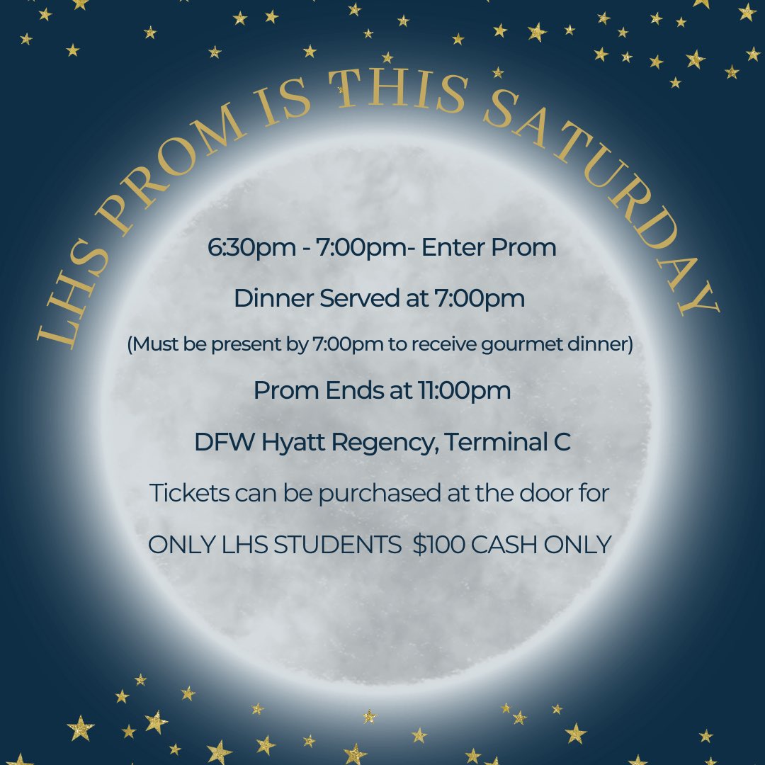 lewisvillestuco's tweet photo. Prom is THIS SATURDAY! Read the information above! See you all there! #lhsprom https://t.co/kkVTBsLATO