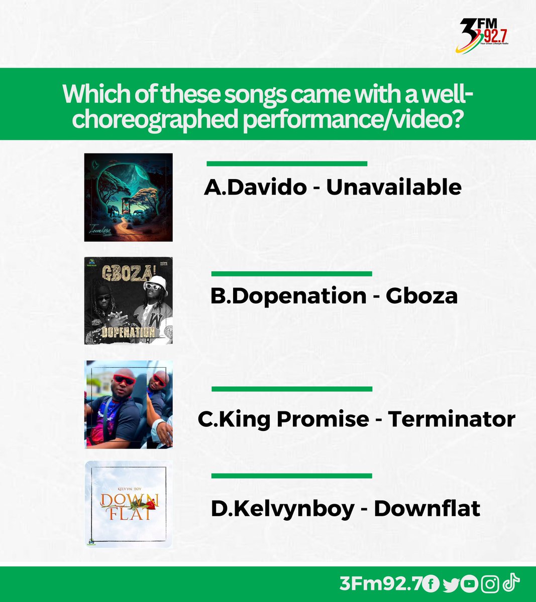 3fm927's tweet photo. Which of these songs came with a well-choreographed performance/video in your opinion? 

A. @davido - #Unavailable 

B. @GhDopeNation - #Gboza 

C. @IamKingPromise - #Terminator 

D. @kelvynboymusic_ - #Downflat 

Tweet with the hashtag #3FMQuiz https://t.co/kZiZHpfofM