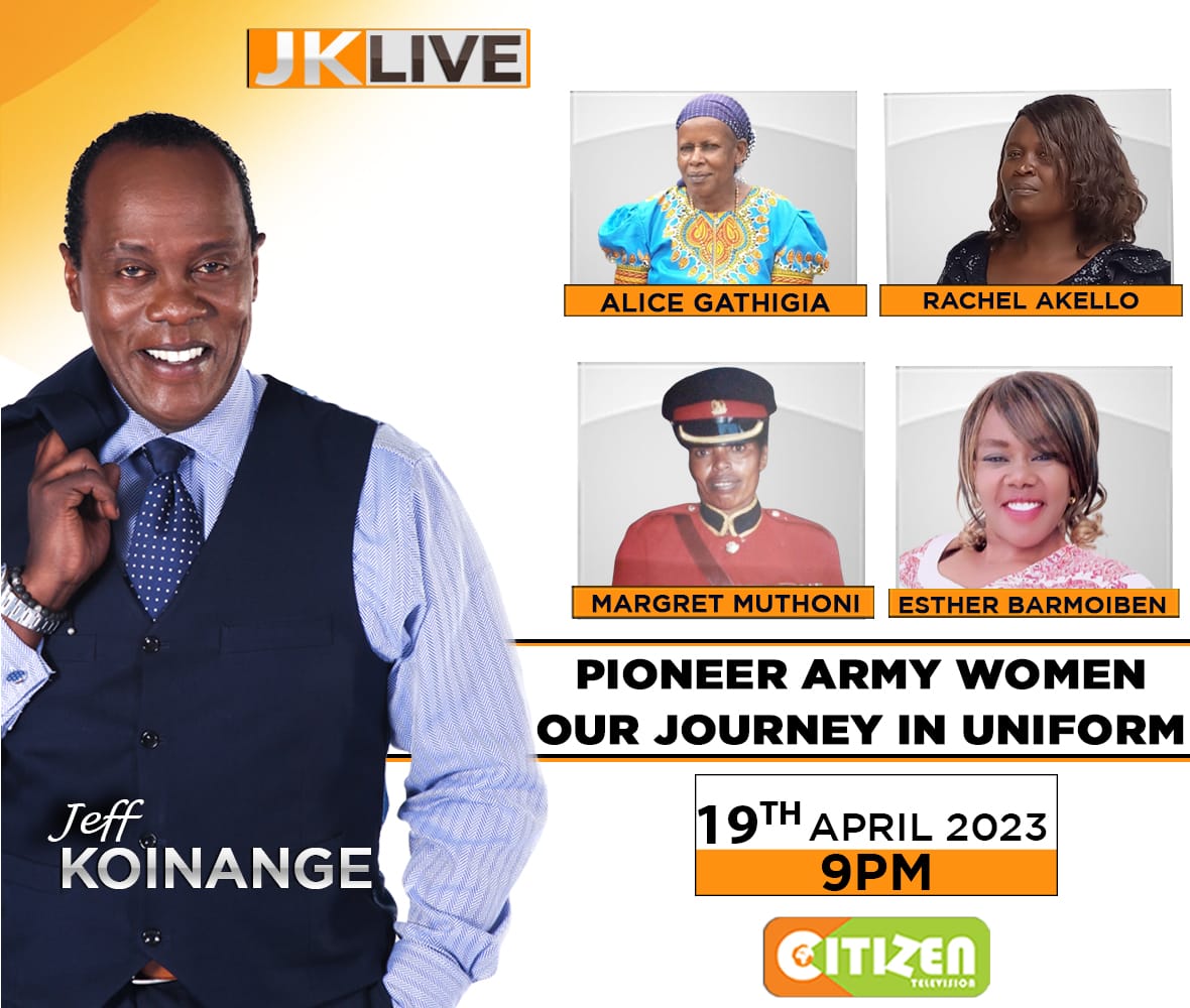 KoinangeJeff's tweet photo. If it's Wednesday you know it's #JKLive @citizentvkenya from 9pm...Tonight, we Celebrate the Pioneer Women who made it possible for Women to join the Military! What was the journey like? Spread THE WORD! @PSdxb @xtiandela @VDJClyde @monicakiragu_ @iamnickodhiambo https://t.co/lw2HoJp9Xs