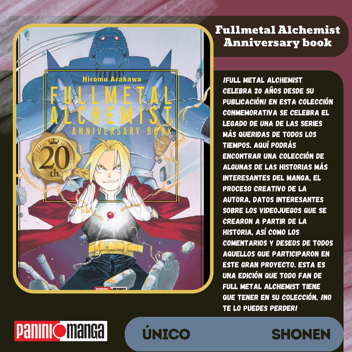 ¡Ya está disponible el libro de aniversario de Fullmetal Alchemist!

tiendapanini.com.mx/full-metal-alc…