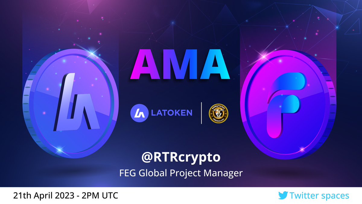 FEGtoken's tweet photo. Get ready for the next #FEGtoken AMA with @LAtokens ✅

🌐 #TwitterSpaces with #FEGtoken

💰#FEG 900.000 to win!

🌟Guest: @RTRcrypto
⏰14:00 on April 21th UTC https://t.co/1NFzJivTUw