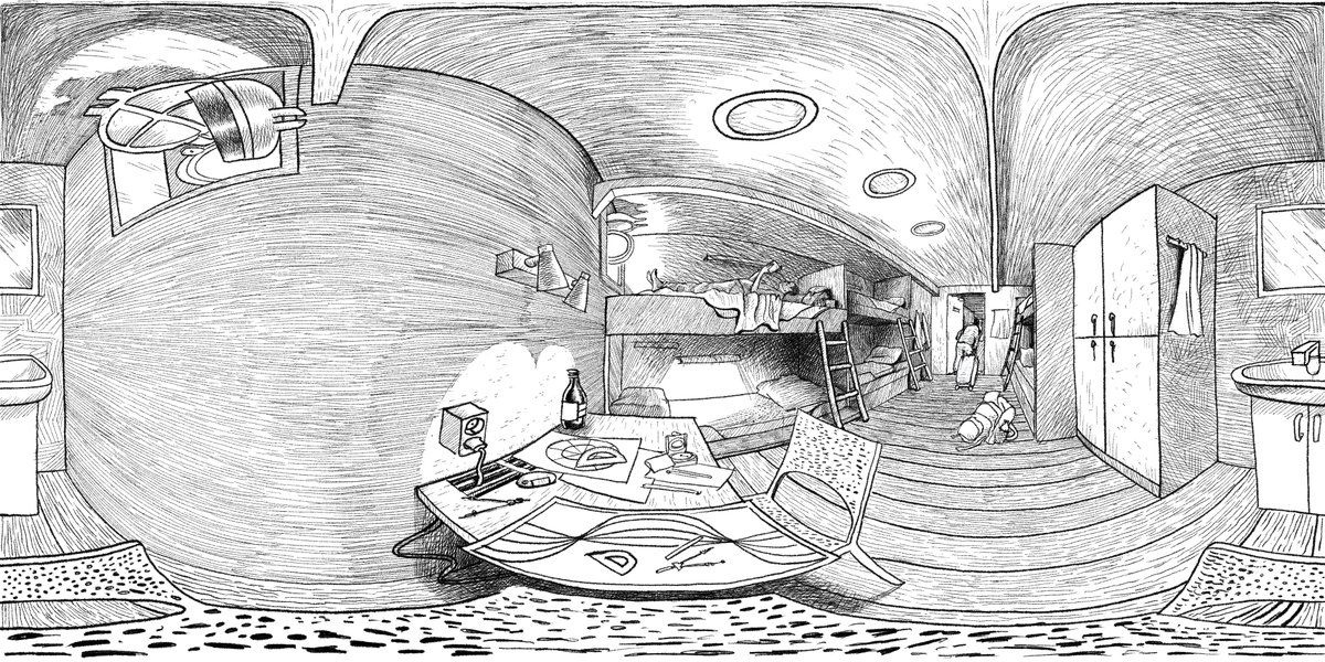 A_B_Araujo's tweet photo. The full #equirectangular panorama of the drawing from which I took the "too fast too furious" perspective view that got such a nice reception some days ago. I'll post it in VR soon. #perspective #vr #panorama #360 #drawing #art #sphericalperspective https://t.co/77pLURoiHz