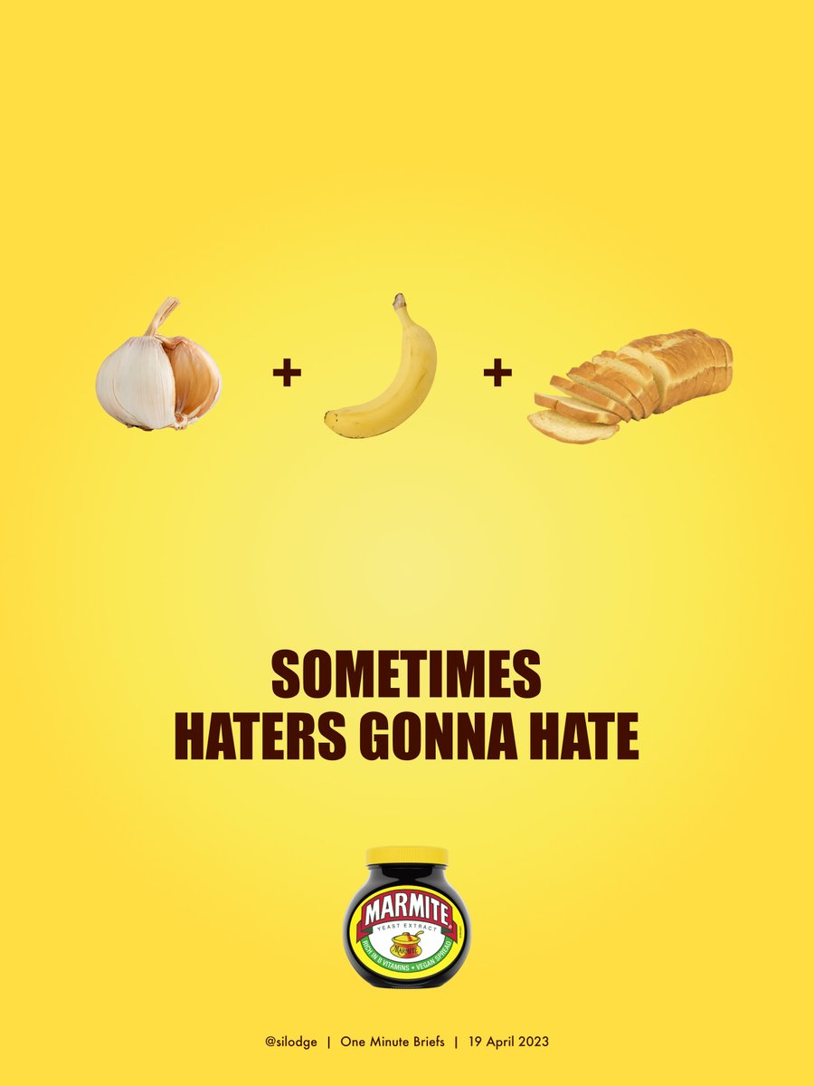 Haters gonna hate 🖤

Create posters to advertise our brand-new invention…Banana Garlic Bread to celebrate #NationalGarlicDay & #NationalBananaDay
@OneMinuteBriefs @marmite 

#Poster #Ad #Advertisement #BananaBread #Marmite