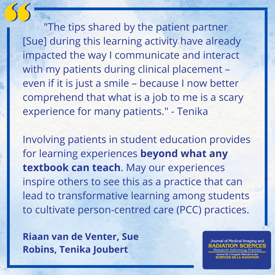 JMIRS1's tweet photo. 📰📯 NEW ARTICLE IN PRESS!
Beyond textbook learning: Patients as teachers for South African undergraduate radiography students
✍️ @riaanvdvrad @suerobinsyvr Tenika Joubert
🔗 https://t.co/k7zvNini1g https://t.co/OK5TwxdjSm