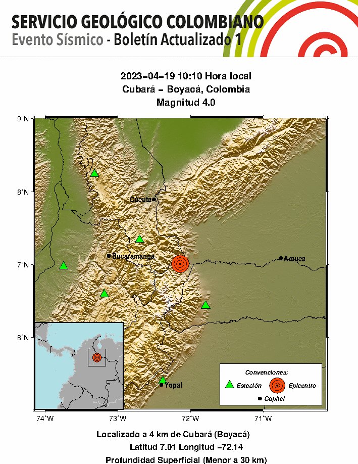 sgcol's tweet photo. #SismosColombiaSGC Evento Sísmico - Boletín Actualizado 1, 2023-04-19, 10:10 hora local Magnitud 4.0, Profundidad Superficial (Menor a 30 km), Cubará - Boyacá, Colombia ¿Sintió este sismo? repórtelo https://t.co/ehDqPbETsf https://t.co/63pt8nVsSe #Temblor #Sismo https://t.co/oP1fgLWS67