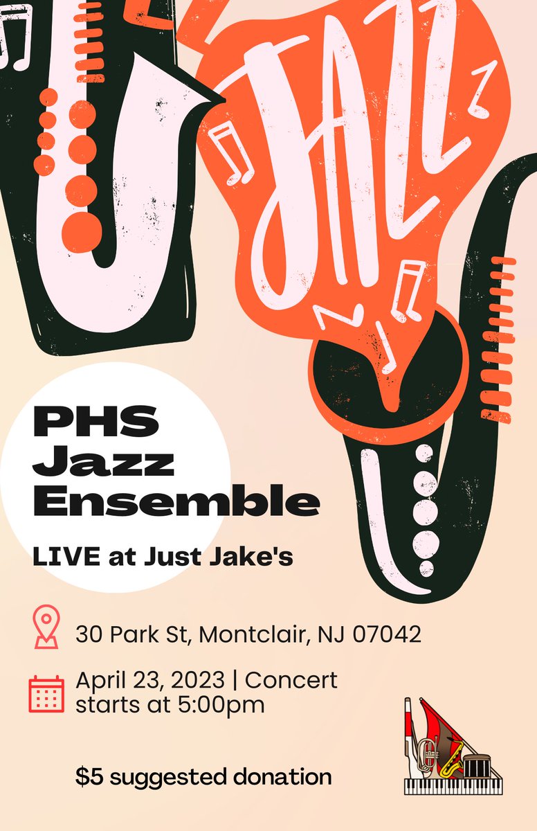 PHSbands's tweet photo. Come see the PHS Jazz Ensemble this Sunday 4/23 at Just Jake’s in Montclair for their first concert of the season! Show starts at 5PM! 🎷🎺🎸🎹🥁@ArtsEdNJ @NAfME @PHS_GoodDay #Parsippany #ArtsEdNow #JazzAppreciationMonth #Jazz https://t.co/oTpREQ2fCC