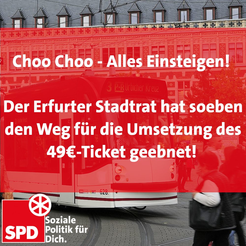 spderfurt's tweet photo. They see us rollin...

Denkt daran eure #Abonnements zu ändern! ☝ Ab dem 01. Mai gilt nicht nur in Erfurt , sondern in ganz #DE das 49€-Ticket

Seit dem 01.04. kann man das Ticket bei der #EVAG kaufen. Es gilt für Bus, #Straßenbahn und für das Nahverkehrsangebot der #Bahn. https://t.co/7hA9dOtyC2