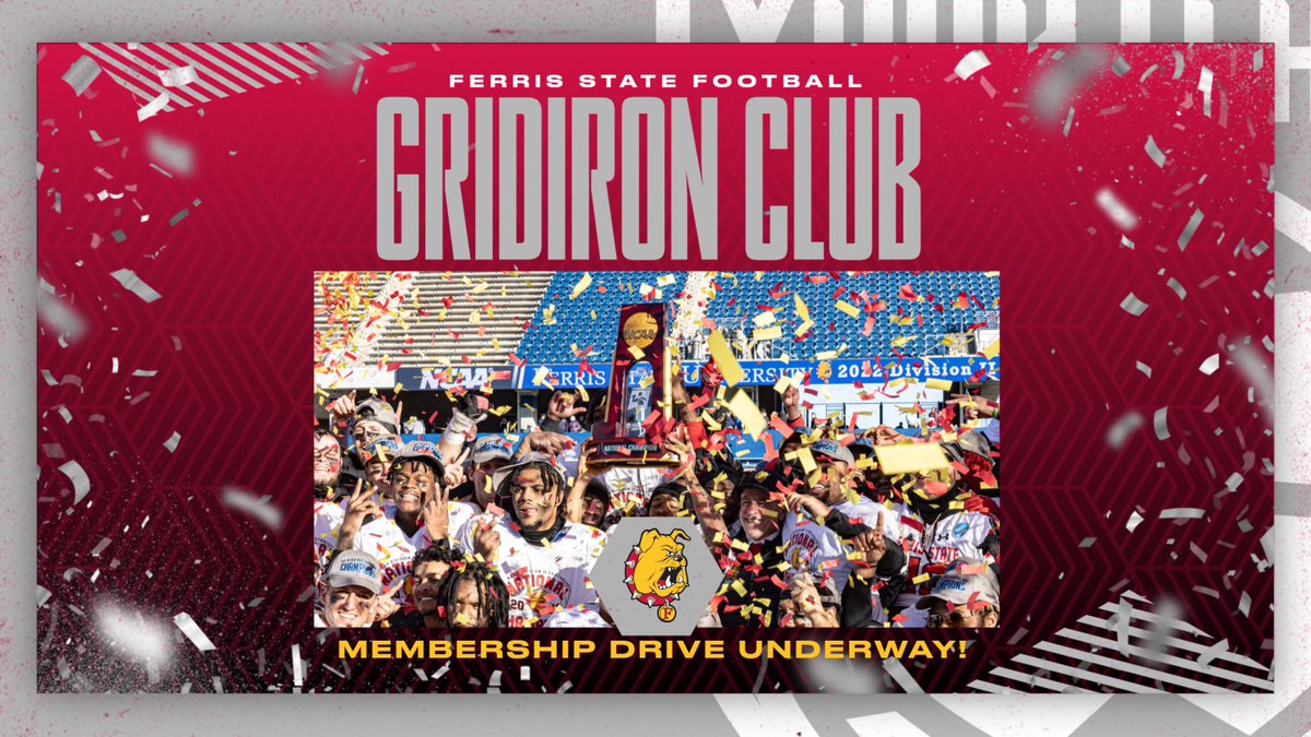 FerrisFootball's tweet photo. MEMBERSHIP DRIVE UNDERWAY! Join the Ferris State Football Gridiron Club for the 2023 season! Membership drive underway! More info &amp; link to join here: https://t.co/uuCfowarkZ https://t.co/OckAfUNpq4
