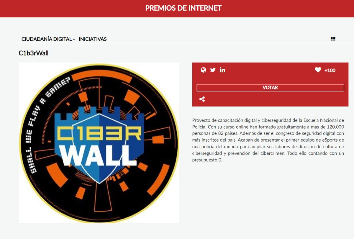 policia's tweet photo. Optamos a los #Premios de @diadeinternet 🏆🏅 en la categoría de #CiudadaníaDigital con @C1b3rWall 💻 💙

👉 El proyecto de la 
@policia promueve la cultura de #ciberseguridad y la prevención del #cibercrimen 

Puedes votarnos aquí 👇👏 
https://t.co/ISiLC1i2kh https://t.co/2idJfpTcpR