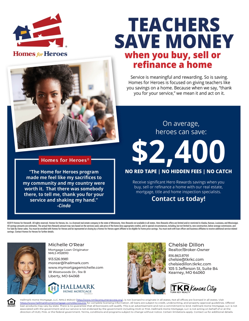 ChelsieD83's tweet photo. Whether you are buying &amp;/or selling a home, I've partnered with Homes for Heroes to serve those who serve our kiddos so well. Give me a call: 816-863-8791. https://t.co/UiTFmopxQu https://t.co/rrABnfZcnu