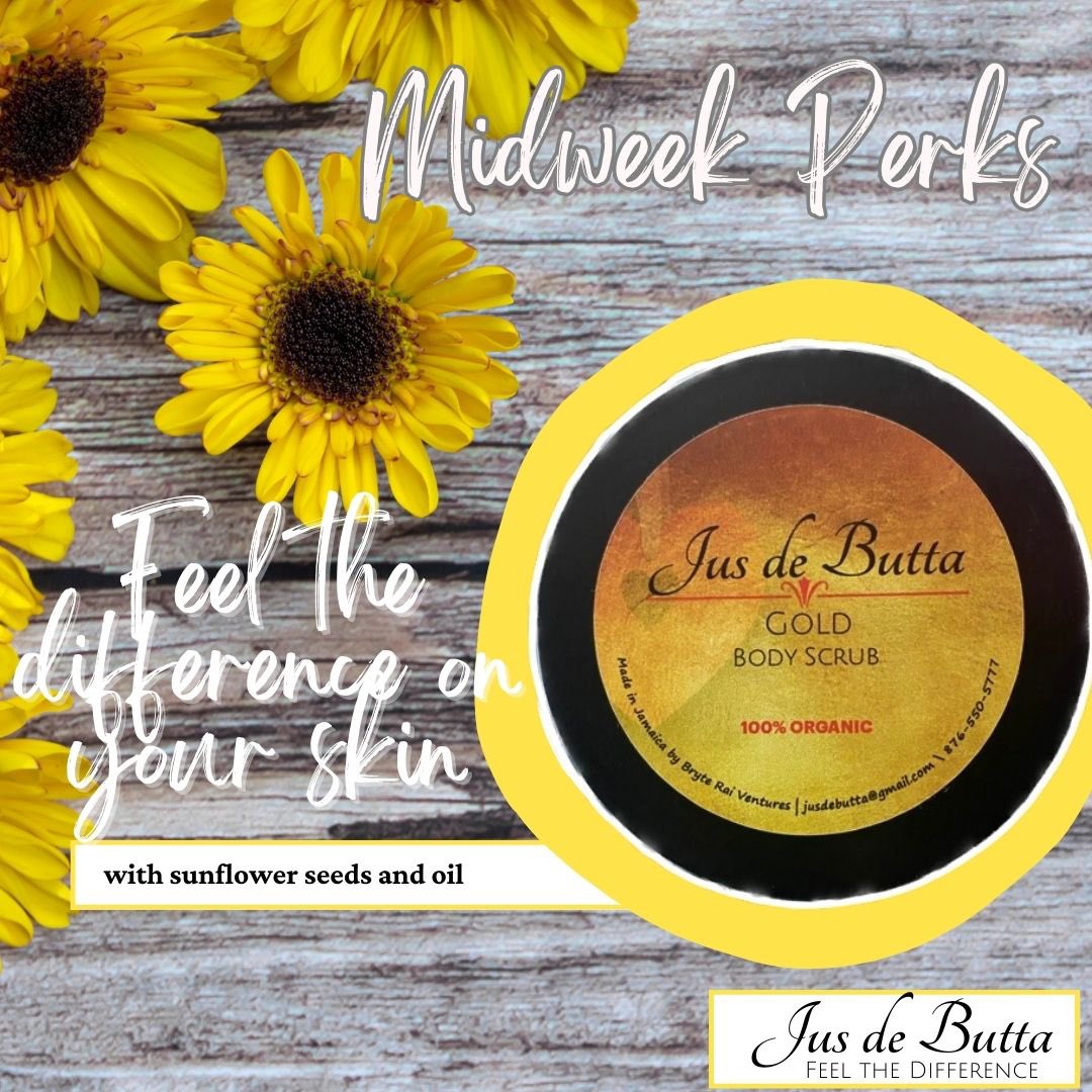 jusdebutta's tweet photo. Perk your Wednesday with our Gold Body Scrub made with sunflower 🌻 seed and sunflower 🌻 oil. Feel your skin come alive 💕💕💕#jusdebutta #jusdebuttabodyscrub #feelthedifference #onyourskin❤️ #allnaturalskincare #madeinjamaica🇯🇲🇯🇲🇯🇲 #ajusdebutta 🧈 https://t.co/6vek47lccO