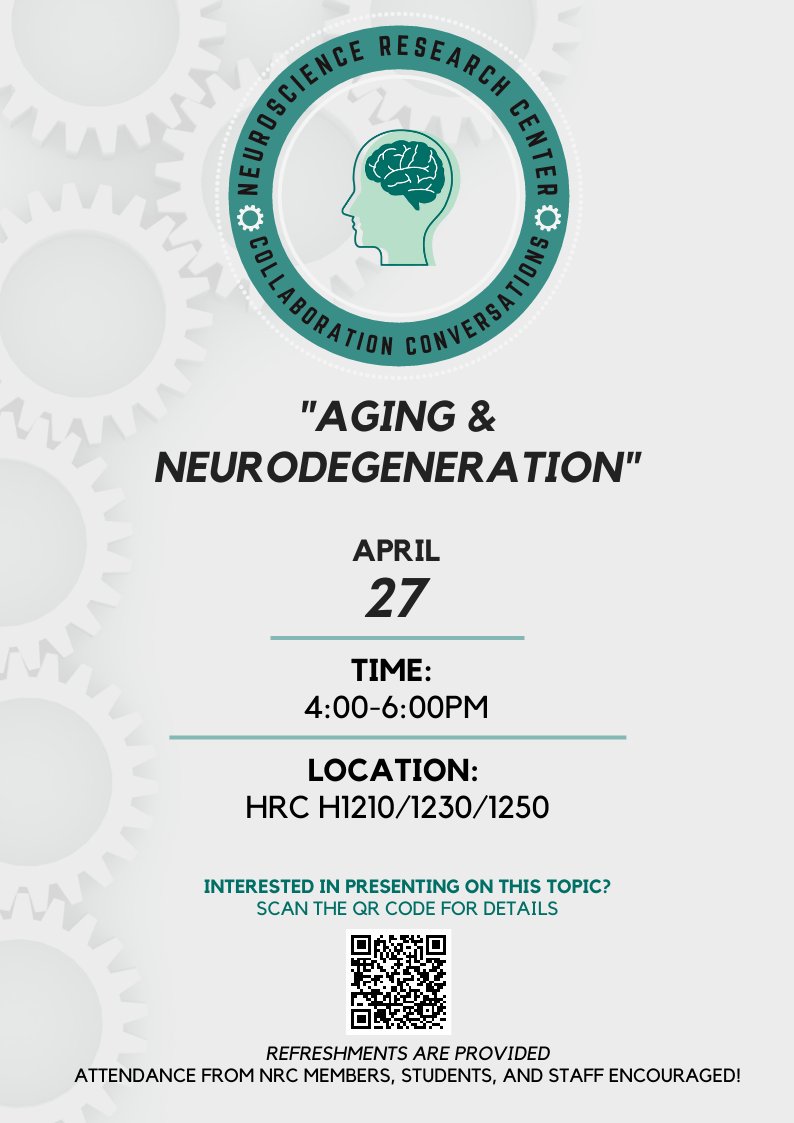 NeuroscienceMCW's tweet photo. ~4PM TODAY~
Join the NRC for April's #CollaborationConversations event! π€
Come learn from a handful of MCW Presenters what Aging and Neurodegeneration means to them!
*This event is in-person only. Snacks provided.* https://t.co/4WS6zMSax9