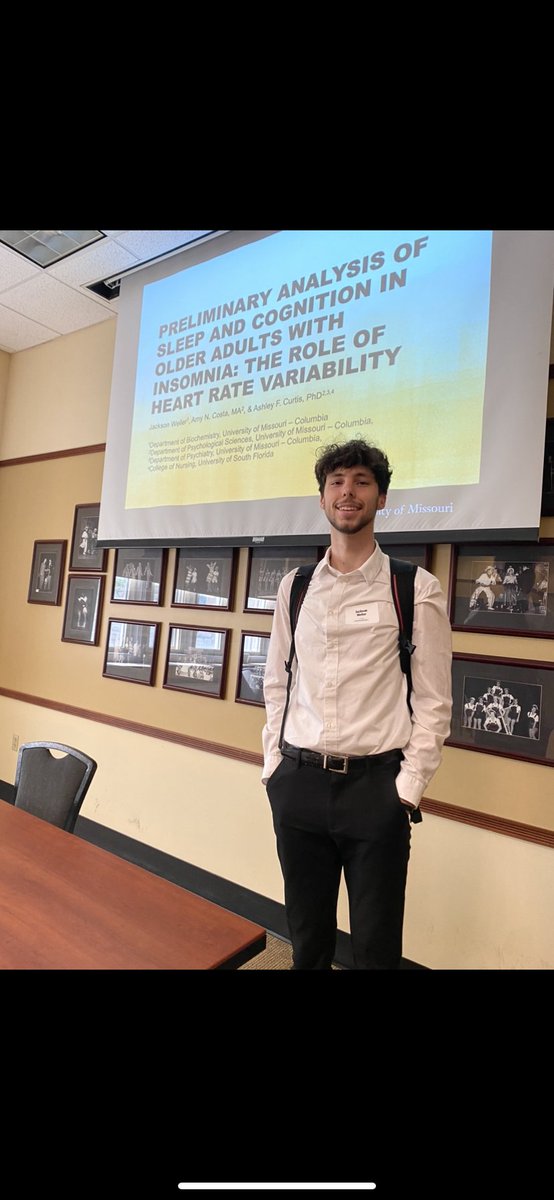 ashleyfcurtis's tweet photo. Congrats to #CASHLab URA trainee Jackson Weller on his oral presentation @Mizzou Show Me Research Week. He presented work on how insomnia symptoms and heart rate variability impact cognitive function in older adults. Way to go Jackson and graduate student mentor @AmyN_Costa ! https://t.co/OgWIPPRan8