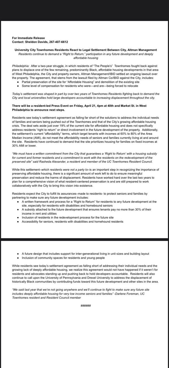 Statement from the UC-Townhomes Resident Council. 

Contact on PR: Sheldon Davids, 267-407-6612