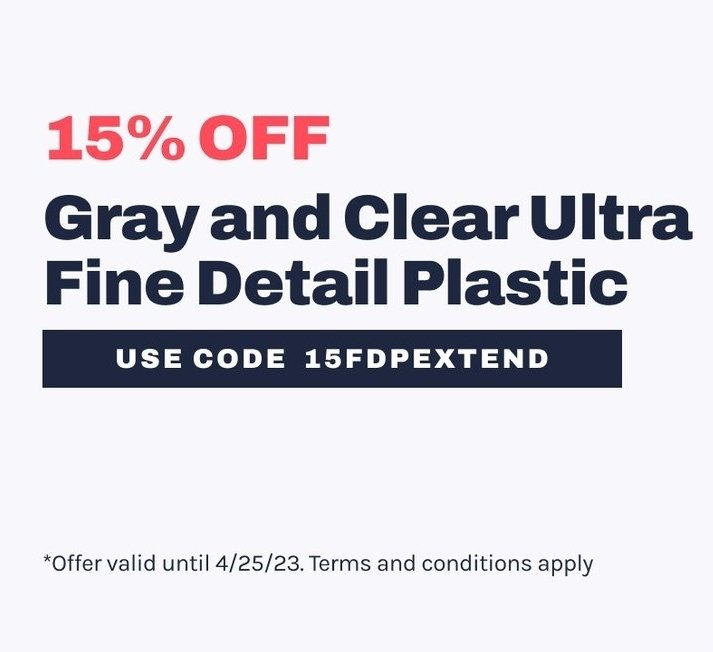 mel_miniatures's tweet photo. Shapeways currently has a 15% discount on the new Grey and Clear Ultra Fine Detail Plastics.

Use code: 15FDPEXTEND until the 25th https://t.co/lXhATIOntA