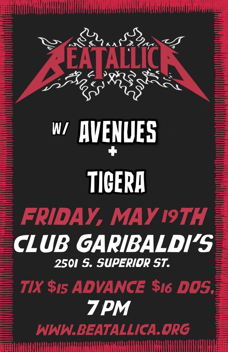 AVENUES (@avenuesrock) on Twitter photo Friday 5/19 will be our first Milwaukee show in a while at Club Garibaldi's with <a href="/beatallica/">Beatallica</a> + Tigera!
Come hang and make the night super RAD!!!
We still have some advance tix available so slide into our DM's and get the hookup 😎
Event RSVP: fb.me/e/8rhWjTrg3 Friday 5/19 will be our first Milwaukee show in a while at Club Garibaldi's with <a href="/beatallica/">Beatallica</a> + Tigera!
Come hang and make the night super RAD!!!
We still have some advance tix available so slide into our DM's and get the hookup 😎
Event RSVP: fb.me/e/8rhWjTrg3