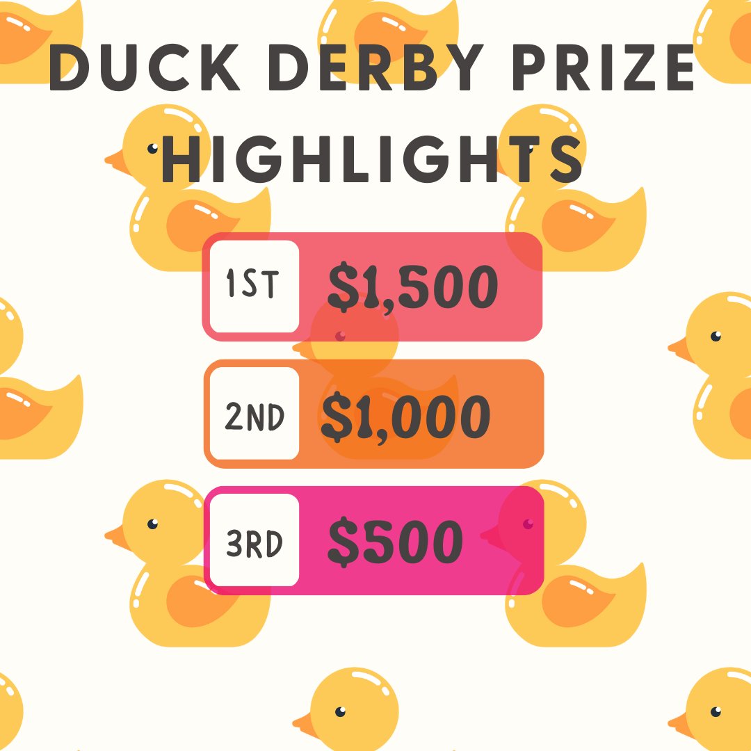 Check out our prizes for this year's duck derby😍

In order to be entered into the race for these 3 amazing cash prizes, you must first adopt a duck (or however many your heart desires) by visiting our bio! Make sure to mark your calendars- our event is on May 6th this year🦆🌷