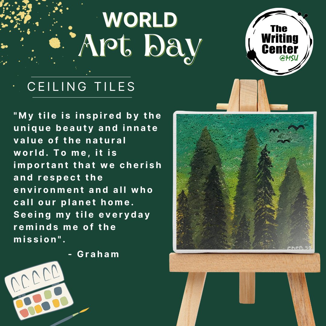 We are celebrating World Art Day by featuring our Staff's amazing Art Work on our Writing Center Ceiling Tiles.

#worldartday #art #painting #artists #msu #michiganstate #writing #writingcenter #msuwritingcenter