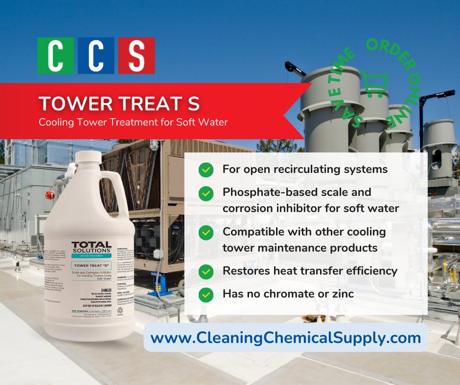 cleaningchem's tweet photo. Treat your open recirculating cooling towers with our Tower Treat S phosphate-based scale &amp; corrosion inhibitor for soft water. Contains a polymeric dispersant to ensure scale/sludge are easily removed. Order today! #hvac #coolingtower #treatment #cleancoolingtower #softwater https://t.co/fJhR3ra6Qj