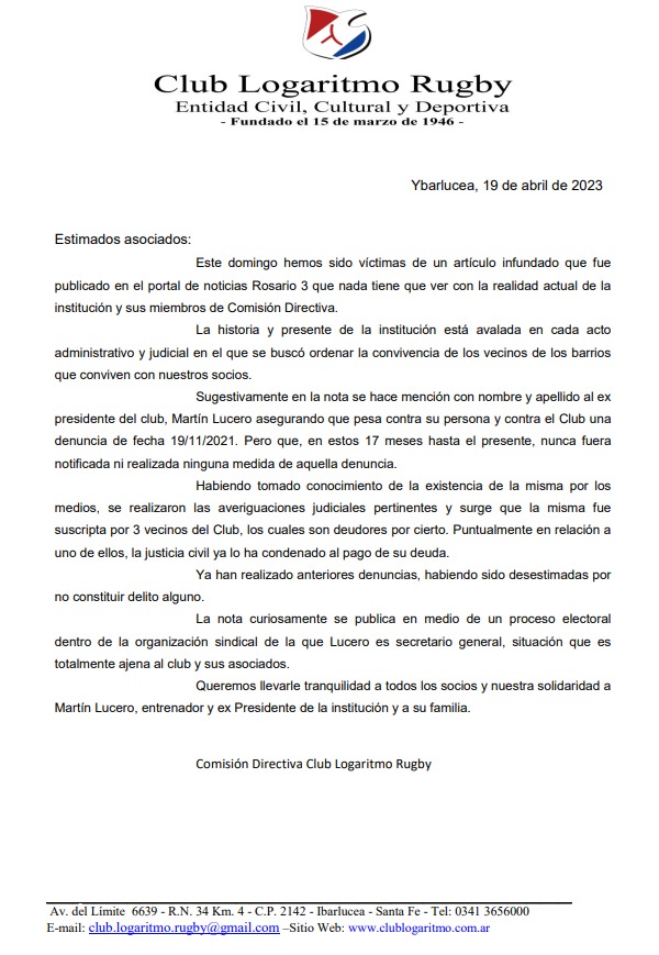 LogaritmoRugby's tweet photo. Comunicado de la Comisión Directiva sobre algunas noticias periodísticas de reciente publicación sobre nuestra institución. https://t.co/467GzqsHp9