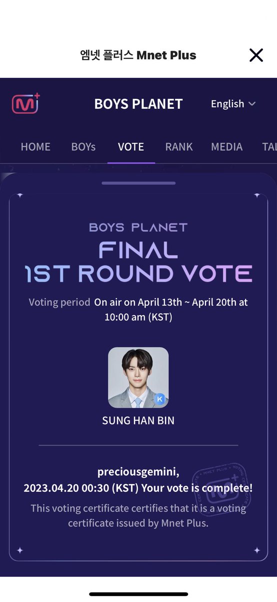 RealKRYSTALA's tweet photo. @SHanbinFanbase My Final Vote. Let’s make it to TOP 1!! 
#SungHanbinForTheFinal 🥹❤️ https://t.co/PVmWD0AerX