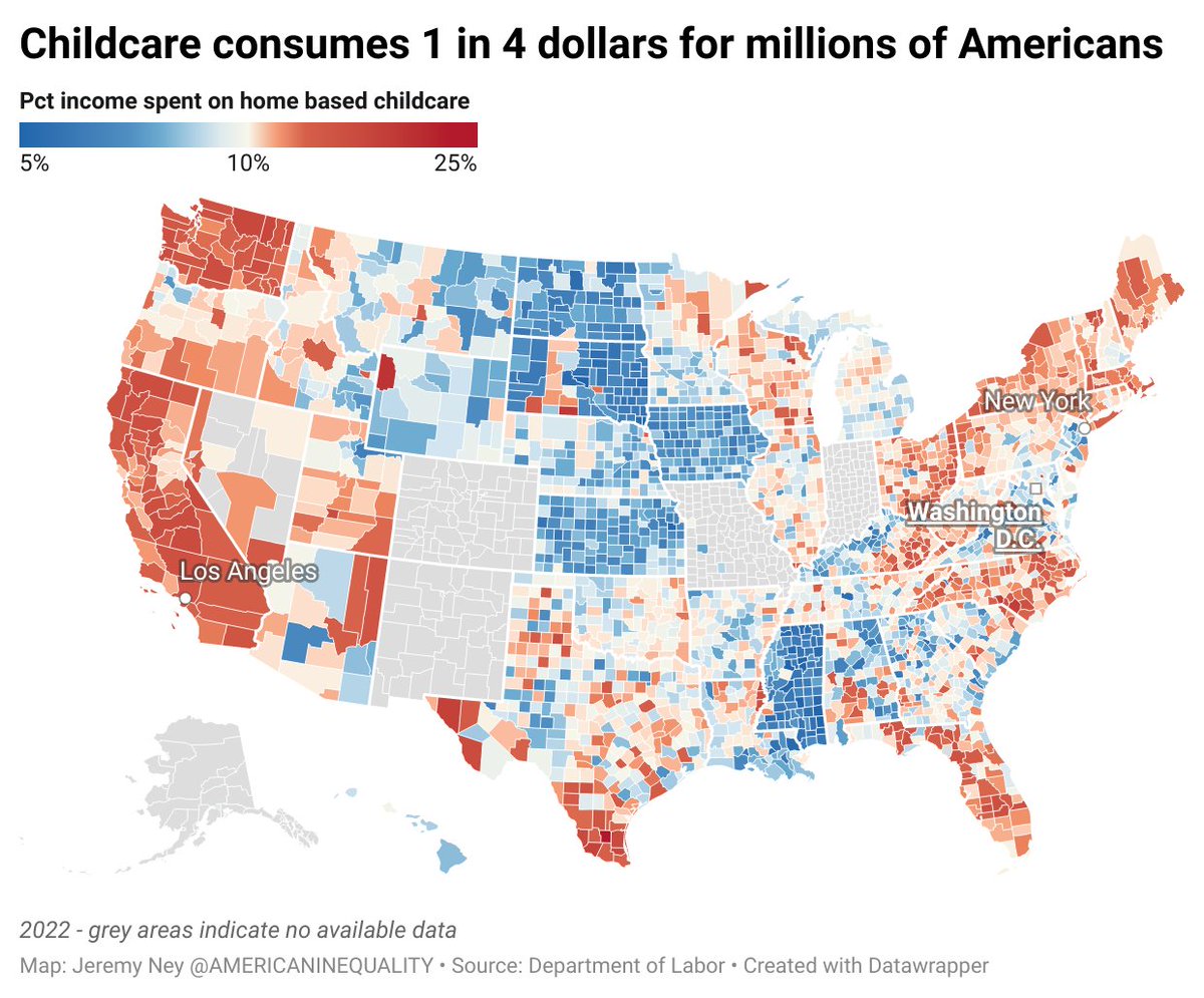 jeremybney's tweet photo. The Department of Labor just released county-level data on childcare costs for the FIRST TIME EVER

Turns out millions of Americans are spending painfully high amounts on childcare https://t.co/JSSZKWp8Wu