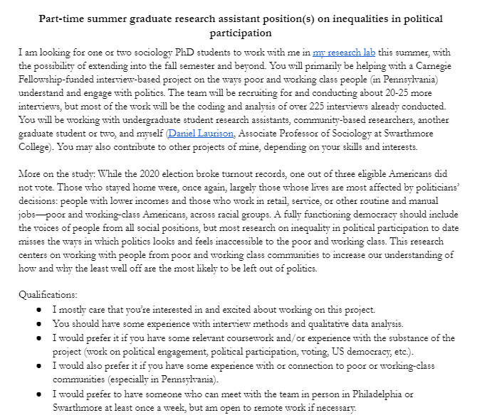 Daniel_Laurison's tweet photo. Hello #soctwitter &amp; related - I have some funds left in my Carnegie fellowship to hire a graduate student RA (or 2) this summer to work with me on poor &amp; working class people's views of politics.  Key info in pictures here, please RT/share with your networks. https://t.co/23Qyud6XjN