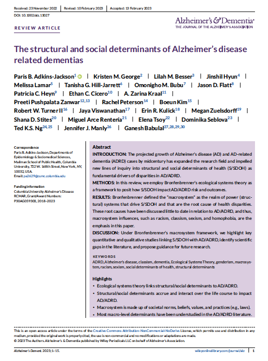 DDisparitiesPIA's tweet photo. From our PIA's S/SDOH Work Group
**new publication alert**
The structural and social determinants of Alzheimer's disease related dementias. Thank you @ @pbaJackson @kmgeorge_epi @lilahbesser
and @gmbreads for leading these efforts! #ENDALZ @ISTAART
https://t.co/0BWvk0GDA4 https://t.co/WQGumvjl4k