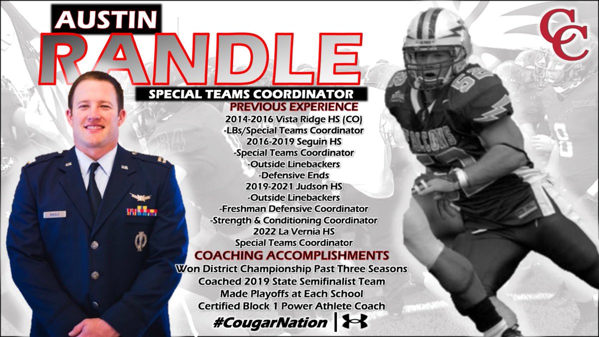 CoachLeonardTX's tweet photo. Excited to announce that Coach Austin Randle will be joining our staff as Special Teams Coordinator‼️ Austin played football at the US Air Force Academy and began his coaching career after eight years in the Air Force‼️ Let’s welcome him to Cougar Nation‼️

#RedBurnsBrighter🔴🔥 https://t.co/aSa78u1Ssm