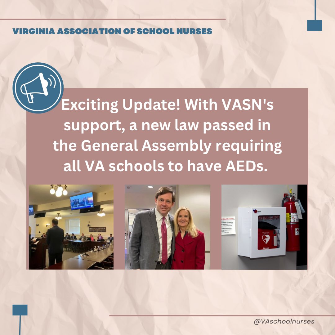 VAschoolnurses's tweet photo. Exciting Update! With VASN's support, a new law passed in the General Assembly requiring all Virginia schools to have AEDs. Thank you to everyone who advocated for this important law. #AEDsSaveLives #VAschoolnurses #VASN #NASN https://t.co/Q5CgU5lTmS