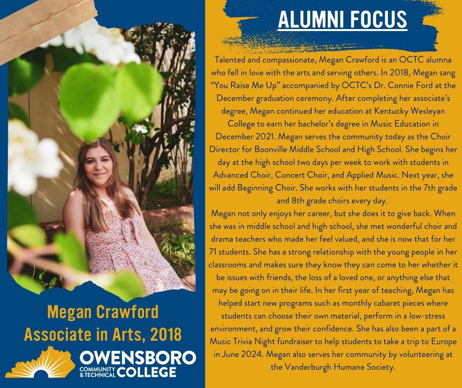 OCTCAlumni's tweet photo. We are honored to call the talented Megan Crawford an OCTC Alumna! She came to OCTC to begin her college journey and graduated in 2018.  Today, Megan is the Choir Director at Boonville Middle School and High School. Keep up the great work, Megan! #octcalumni https://t.co/SgpbSDTwxh