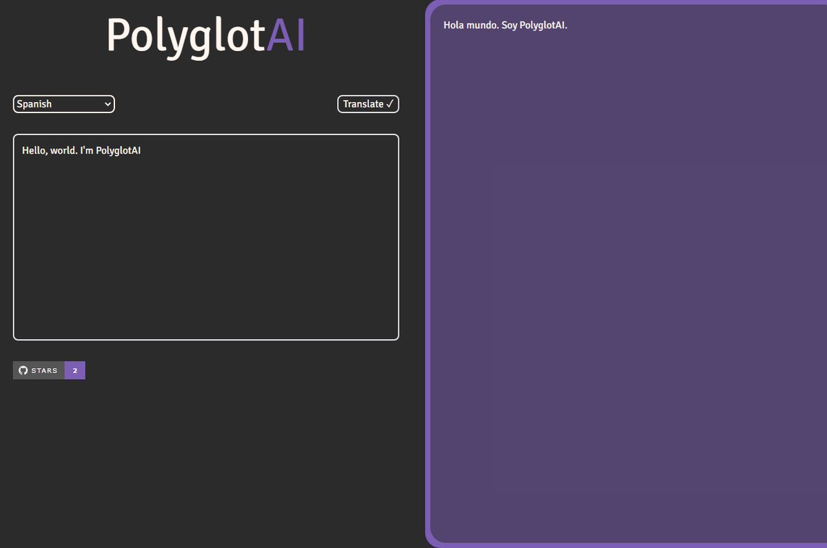 147_Lean's tweet photo. π PolyglotAI: The AI-powered language translator using OpenAI API and Next.js! Translate text across multiple languages with ease. #AI #translation #OpenAI #Nextjs #PolyglotAI
https://t.co/ln1IUnsAkc https://t.co/zBx0gBUT3s
