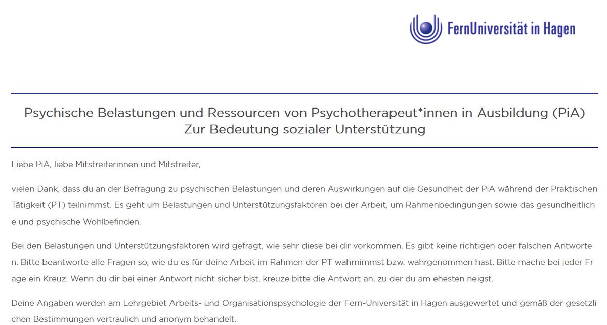 Interessante ONline-Studie der Feruni Hagen, die sich an #PiA (Psychotherapeut*innen in Ausbildung) richtet. Sie fokussiert die Belastungen der PiA v.a. während ihrer PTI und II. Zur Befragung gehts hier: bit.ly/3GVZFtx <a href="/PiAForumBerlin/">pia.forum Berlin</a> <a href="/piaterin/">Elisabeth Dallüge</a> @piarevolutionBW