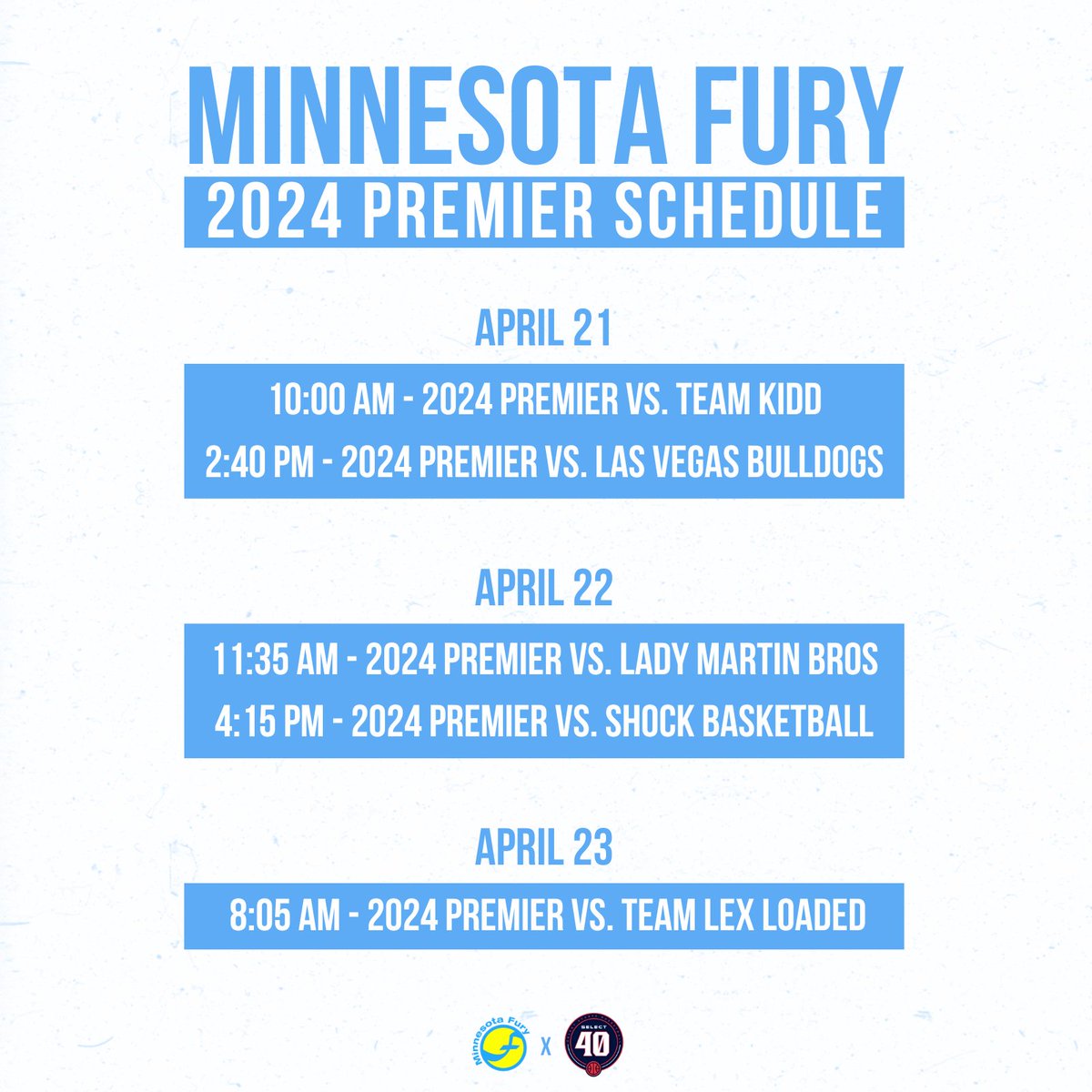 𝟮𝟬𝟮𝟰 𝗣𝗥𝗘𝗠𝗜𝗘𝗥 𝗦𝗖𝗛𝗘𝗗𝗨𝗟𝗘

View player information below! ⤵️
minnesotafury.com/girls/teams.ph…
