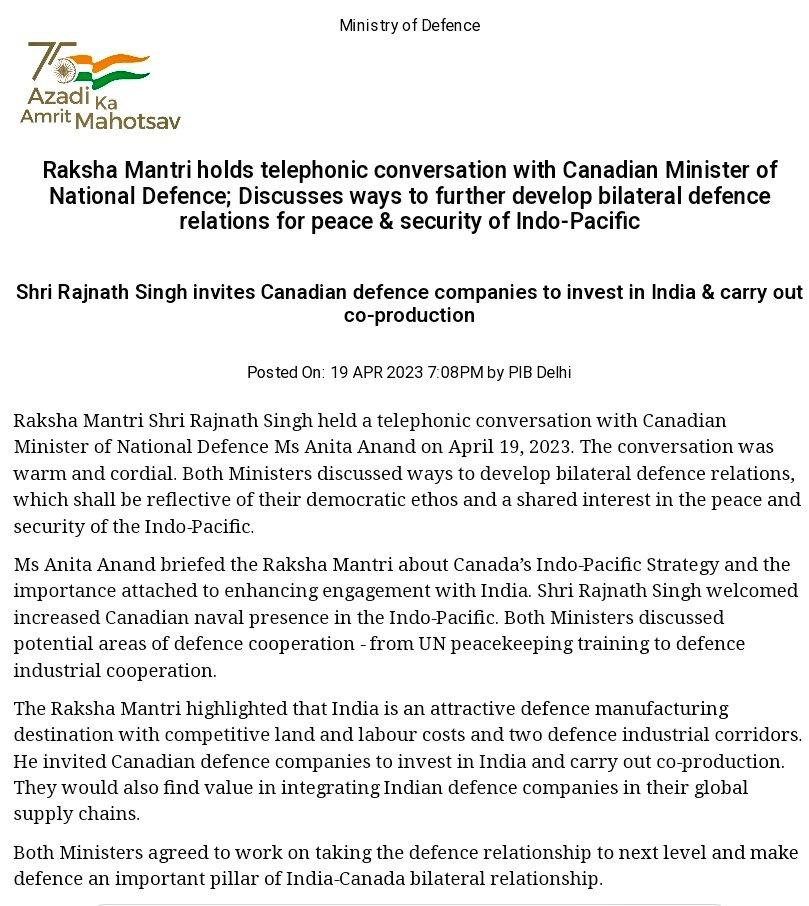 HCI_Ottawa's tweet photo. Press Release from @DefenceMinIndia on the telephone call between Defence Minister (Rakhsa Mantri) @rajnathsingh and Minister of National Defence @AnitaAnandMP  @MEAIndia @PIB_India @DDNewslive https://t.co/v1bQykLpRH