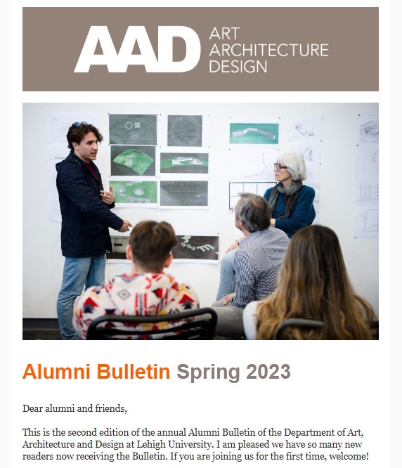 Spring 2023 Art, Architecture and Design Alumni Bulletin out now!  See what we've been up to. 

mailchi.mp/3b07bbb80212/a…

#lehighuniversity #art #architecture #design