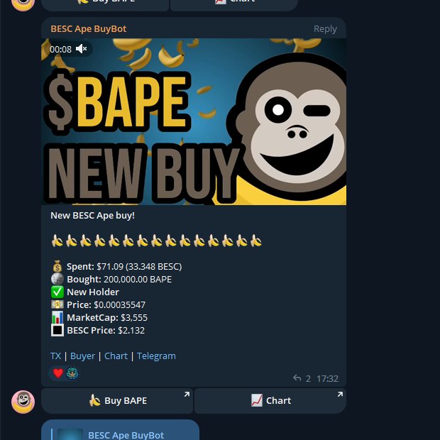 bescapeworld's tweet photo. $BAPE buybot today is singing crazy. People grabbing max bag only for 70$ .
We all know where is hype right now $PEPE but i dont know if you realized that PEPE needs bananas too. 

Get your BAPE:
https://t.co/TQ4c9SfWfH

#ElonMusk  #Pepe #BabyDogeCoin #ETH $AIDOGE $AVAX #Optimism https://t.co/1NhzQf5MpA
